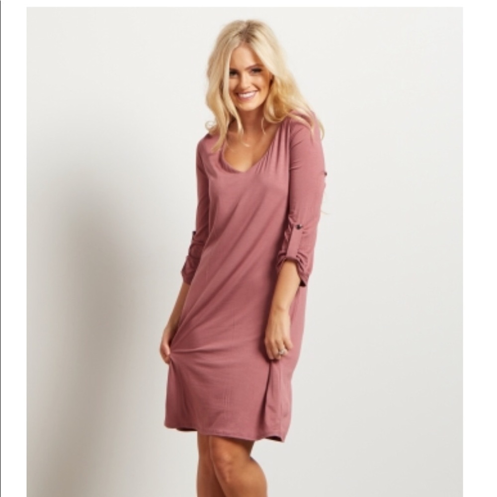Mauve Solid V Neck Dress